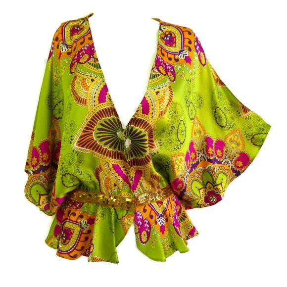 Evolve Tops - SOLD Evolve Kimono Top Sequin Waist Lime Pink  Butterfly Lotus New Age USA